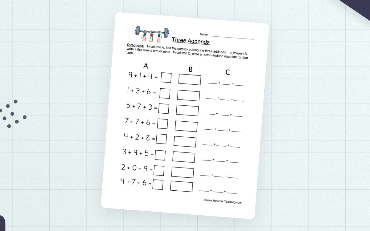 Three Addends Worksheet preview: Rows of three-addend equations