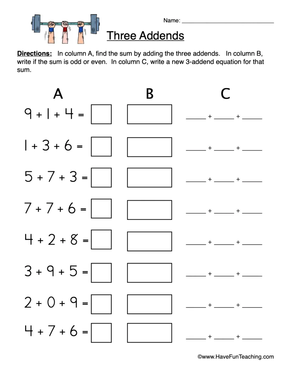 Adding three addends: students find 8 sums such as 9+1+4, label each odd or even, then write a new 3-addend equation