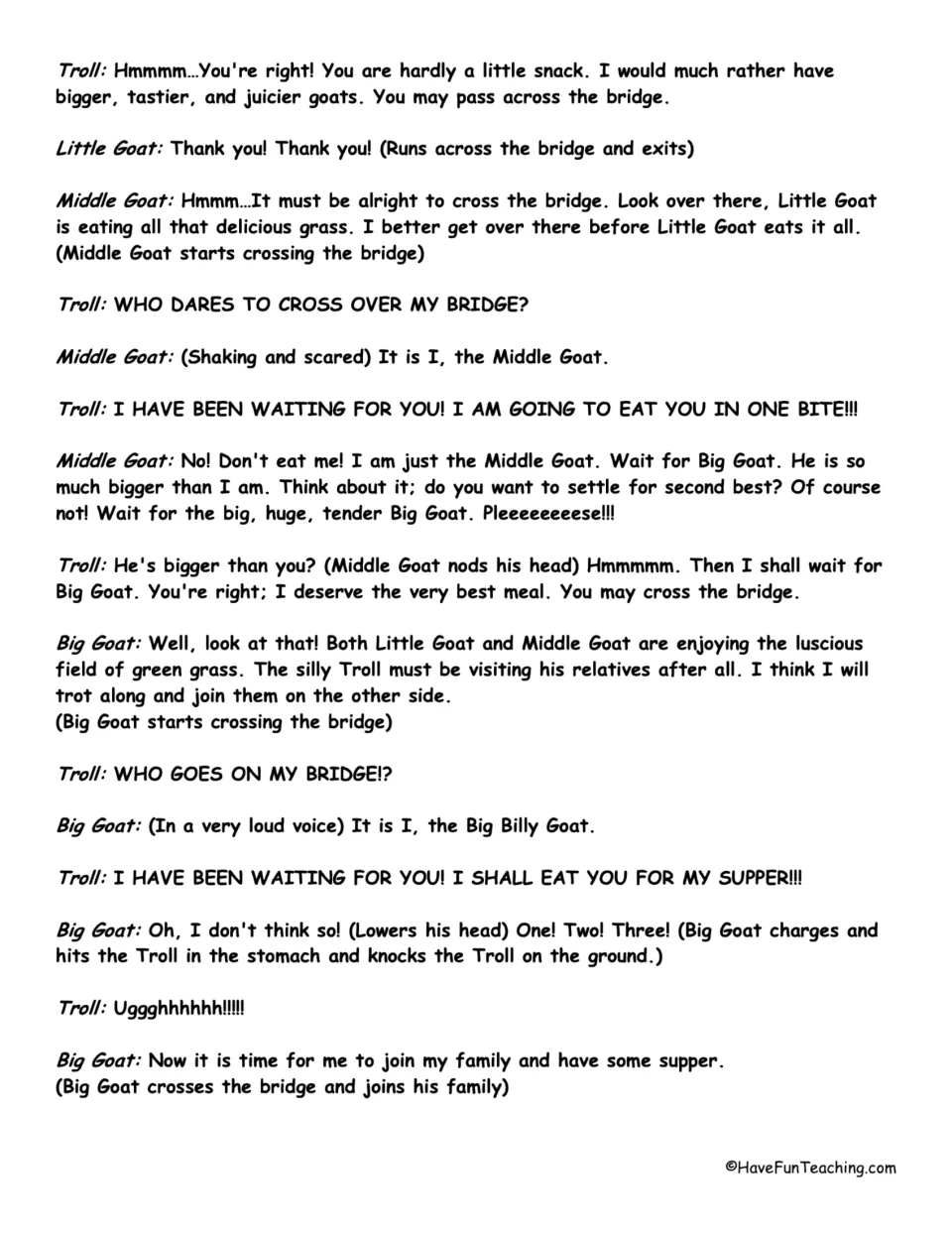Script part 2: Troll lets Little and Middle Goat cross, then Big Goat knocks Troll down; students voice each role