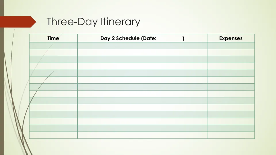 Day 2 planning chart for the three-day trip, ready for students to record a date, times, plans, and expenses