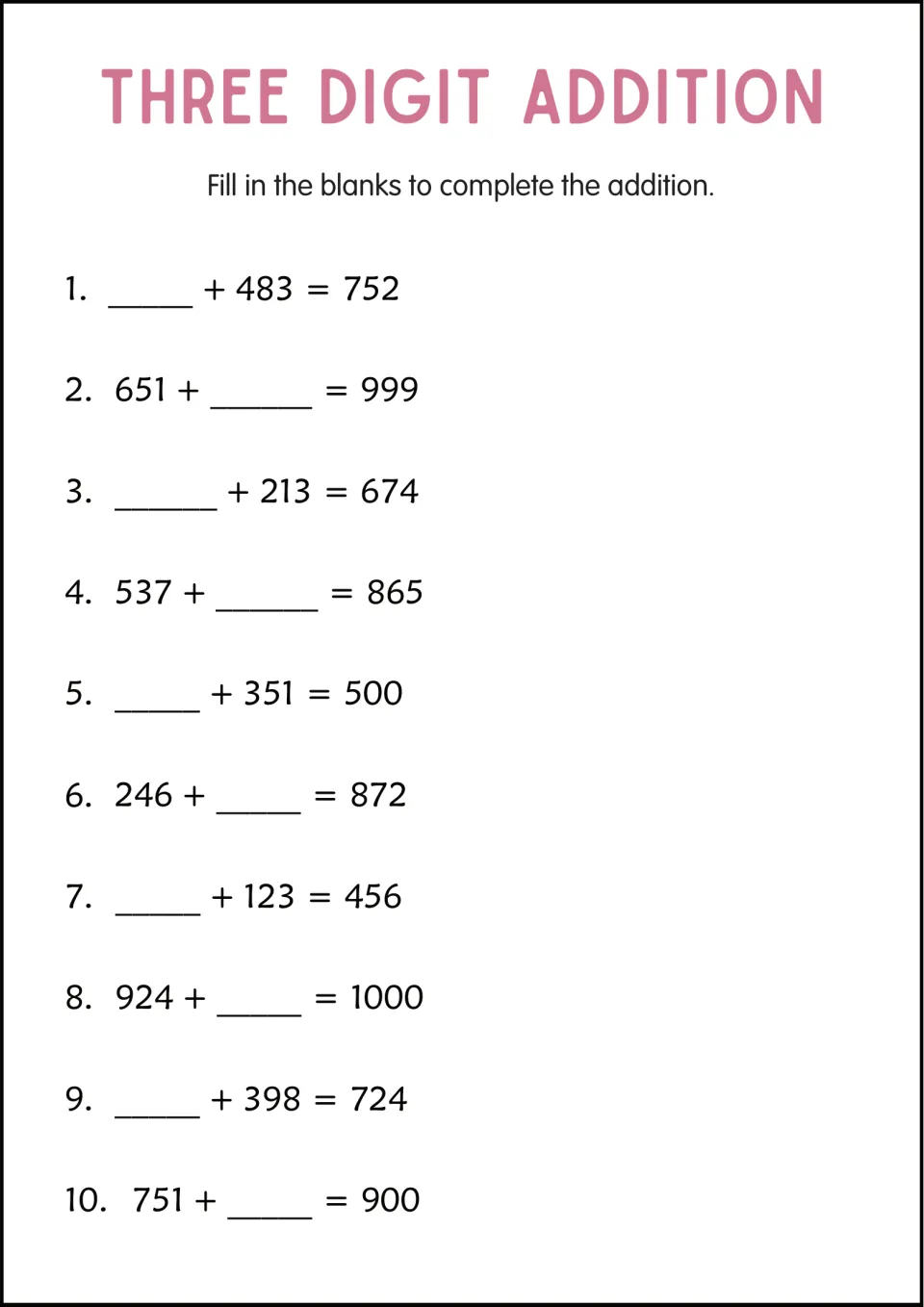 Missing addend practice: students fill in the blank to complete 10 equations, such as ? + 483 = 752 and 924 + ? = 1000