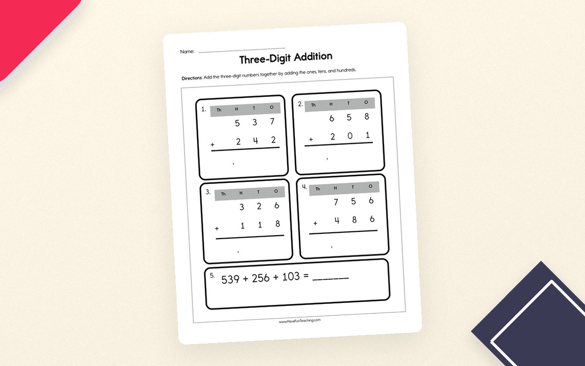 Three Digit Addition Worksheet preview: Six multi-addend three-digit expressions