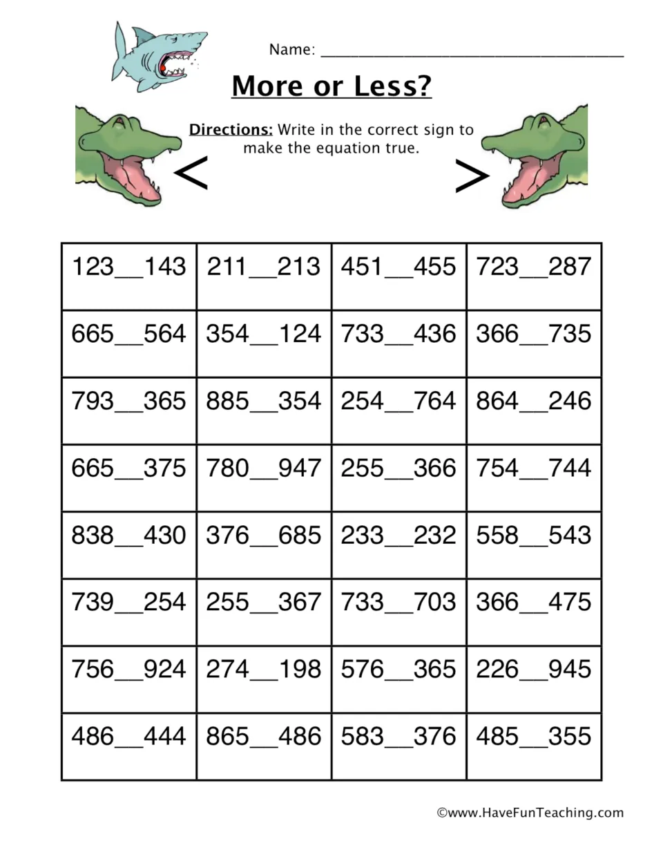 More or Less? comparing three-digit numbers: students write < or > between each of 32 number pairs, with alligator art