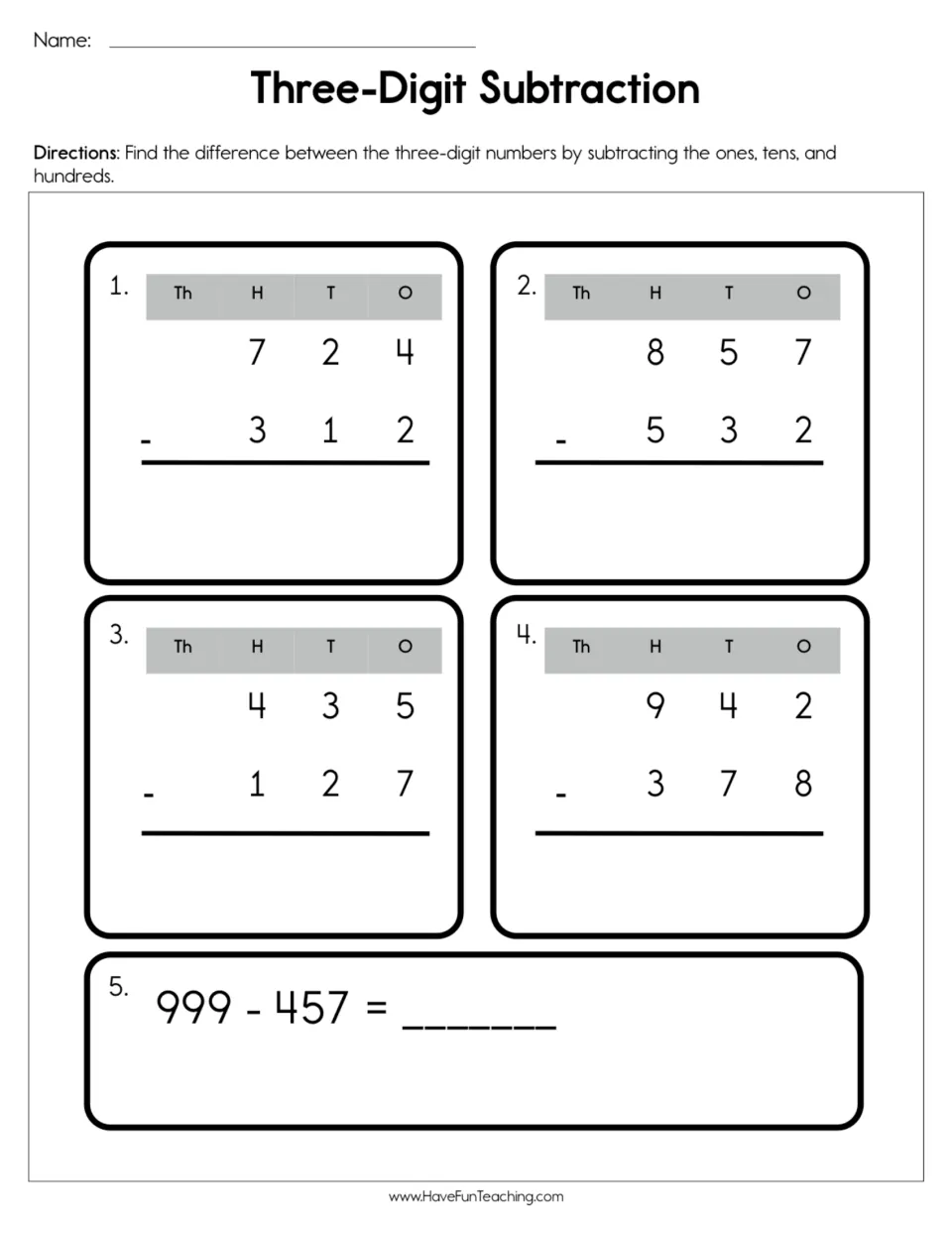 Three-digit subtraction: students solve 4 vertical problems on place-value charts, two needing regrouping, then 999 - 457