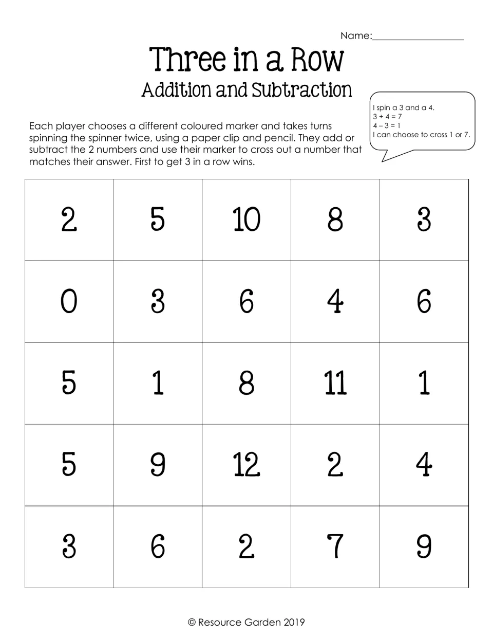 Addition and subtraction game board: players spin twice, add or subtract, and cross out answers from 0 to 12 on 25 squares