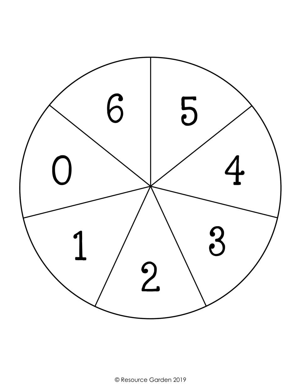 Number spinner divided into seven sections labeled 0 to 6, spun with a paper clip and pencil to pick numbers for the game