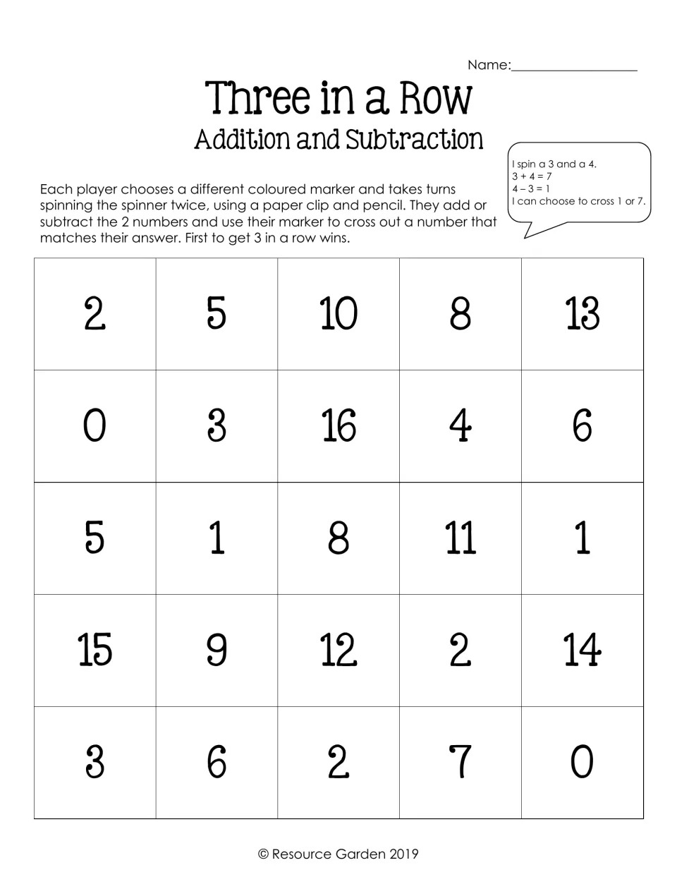 Addition and subtraction board with answers 0 to 16: students spin twice, find the sum or difference, cross out a match