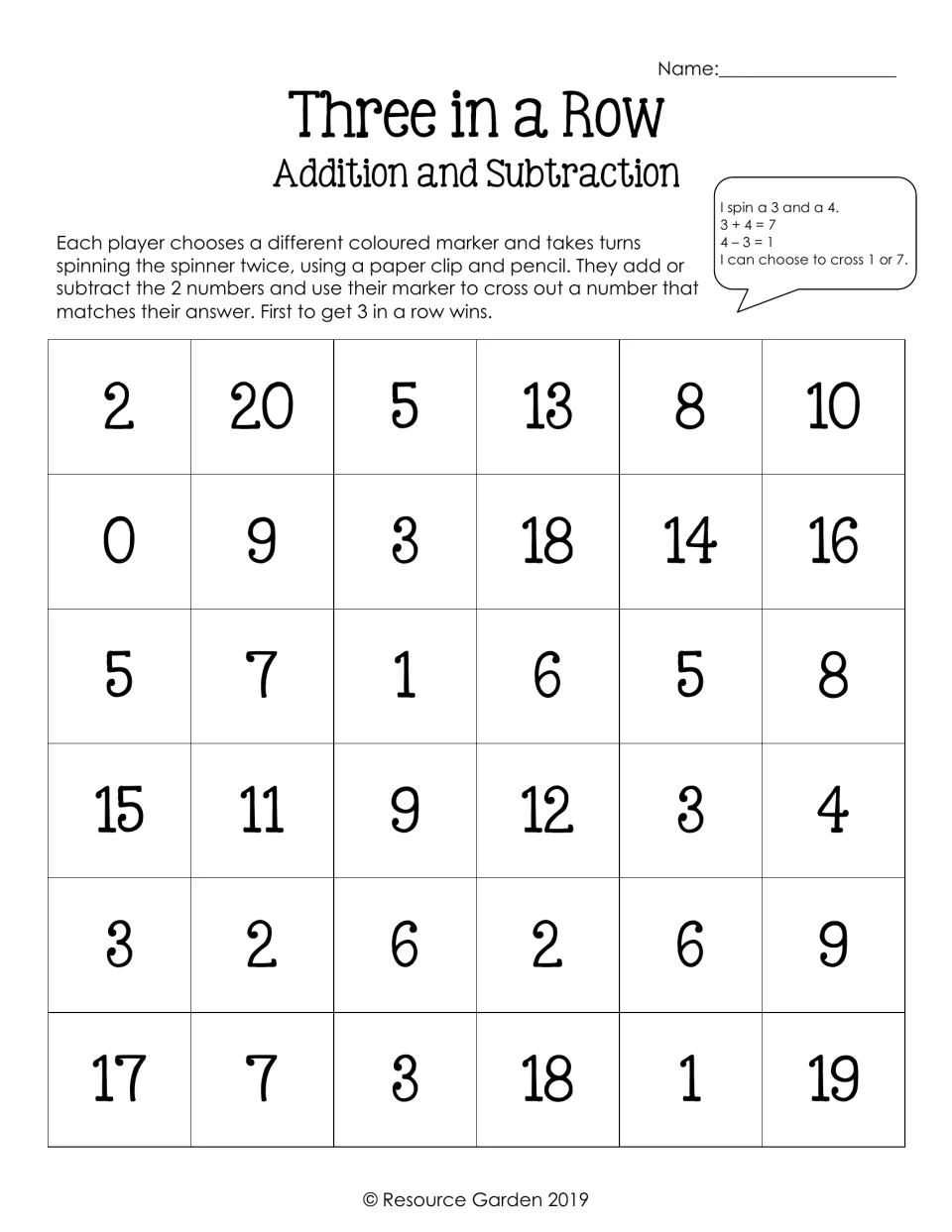 Larger addition and subtraction board of 36 numbers from 0 to 20; players add or subtract two spins and aim for 3 in a row