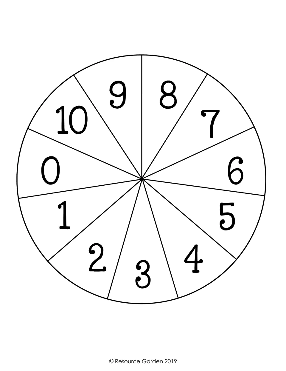 Spinner with eleven sections numbered 0 to 10, used with a paper clip to generate the two numbers for the 0 to 20 board