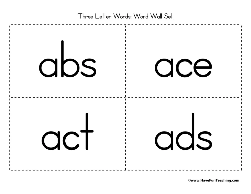 Three-letter word cards abs, ace, act and ads in large print for students to read, cut apart and post on a word wall