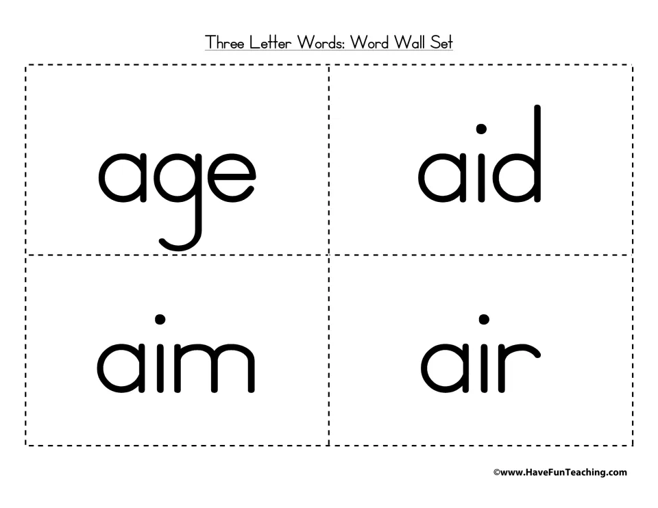 A-words age, aid, aim and air on four cut-apart word wall cards for students to read aloud and practise spelling
