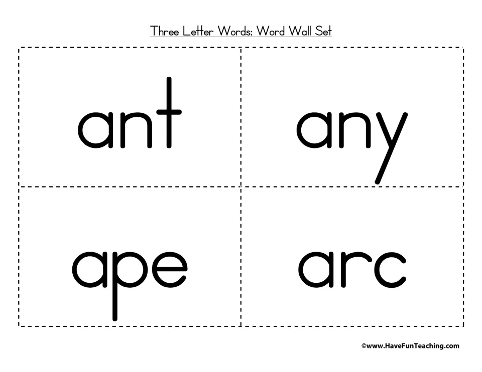 Cut-apart cards showing ant, any, ape and arc in large letters for students to read, sort and spell on the word wall
