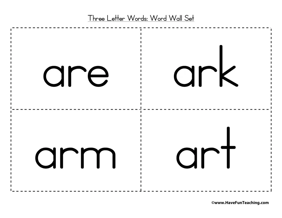 Words beginning with ar: are, ark, arm and art on four large word wall cards for reading and letter-sound practice