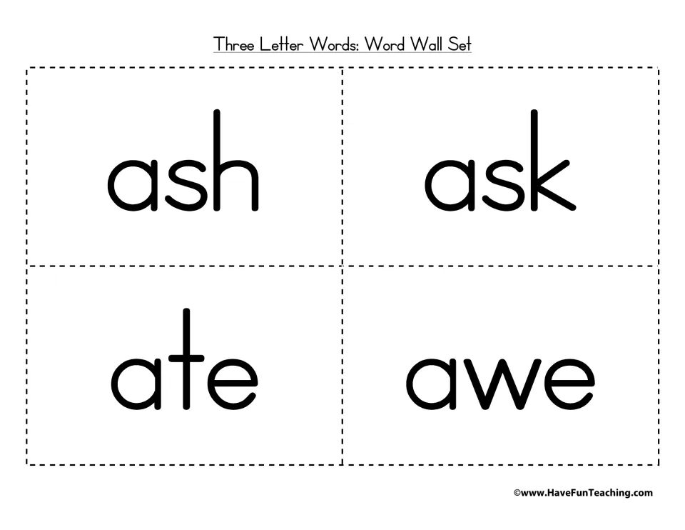 Four word wall cards for ash, ask, ate and awe, each a three-letter word in bold print for students to read and spell