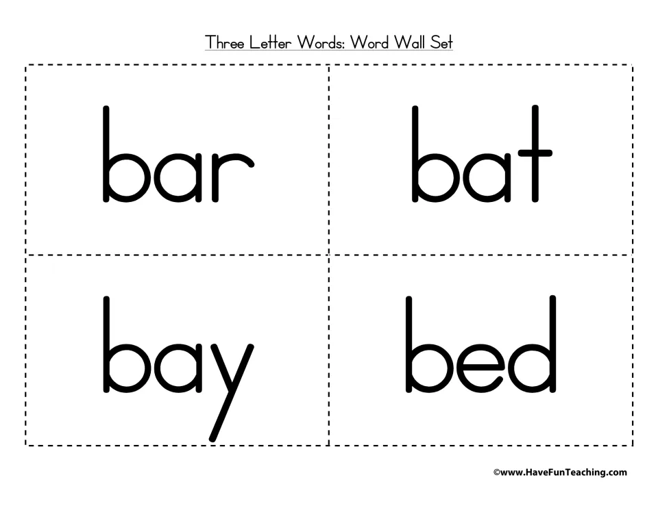 Three-letter b-words bar, bat, bay and bed on cut-apart word wall cards for blending sounds and reading whole words