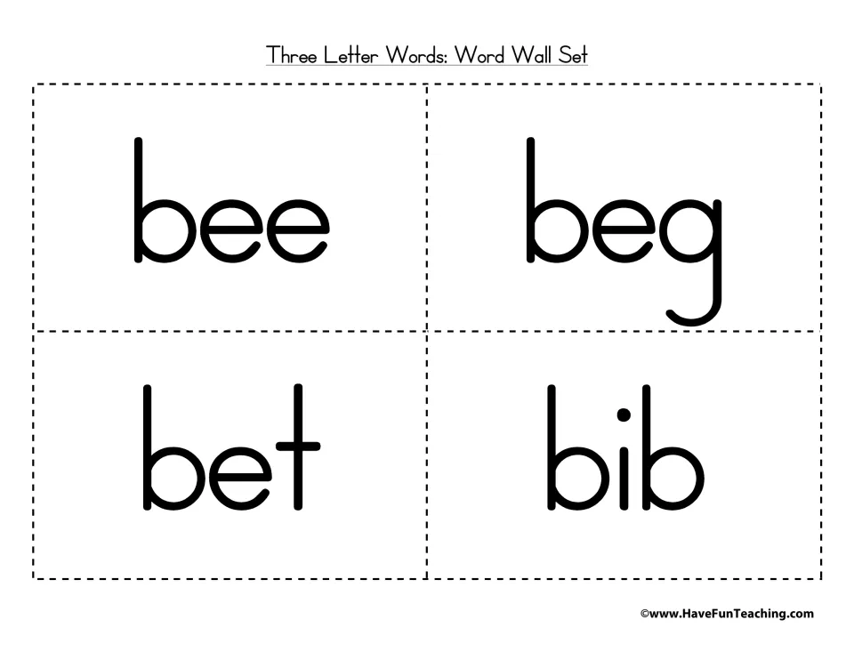 Word wall cards for bee, beg, bet and bib: four three-letter b-words in bold letters to cut out, read and spell aloud