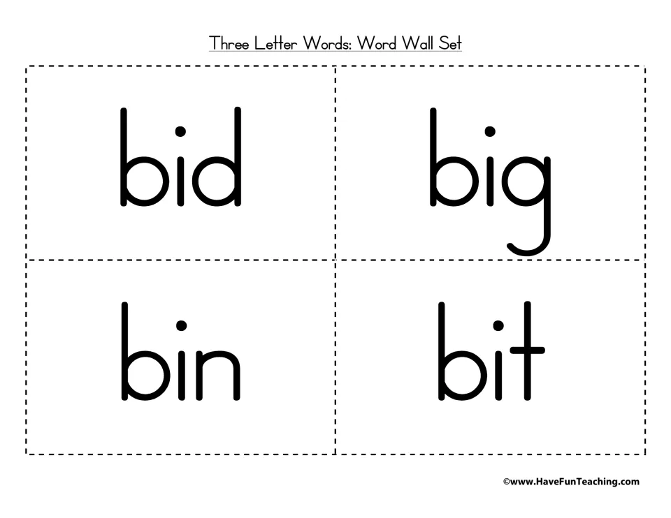 Short i b-words bid, big, bin and bit on four large cut-apart cards for students to blend, read and compare vowels