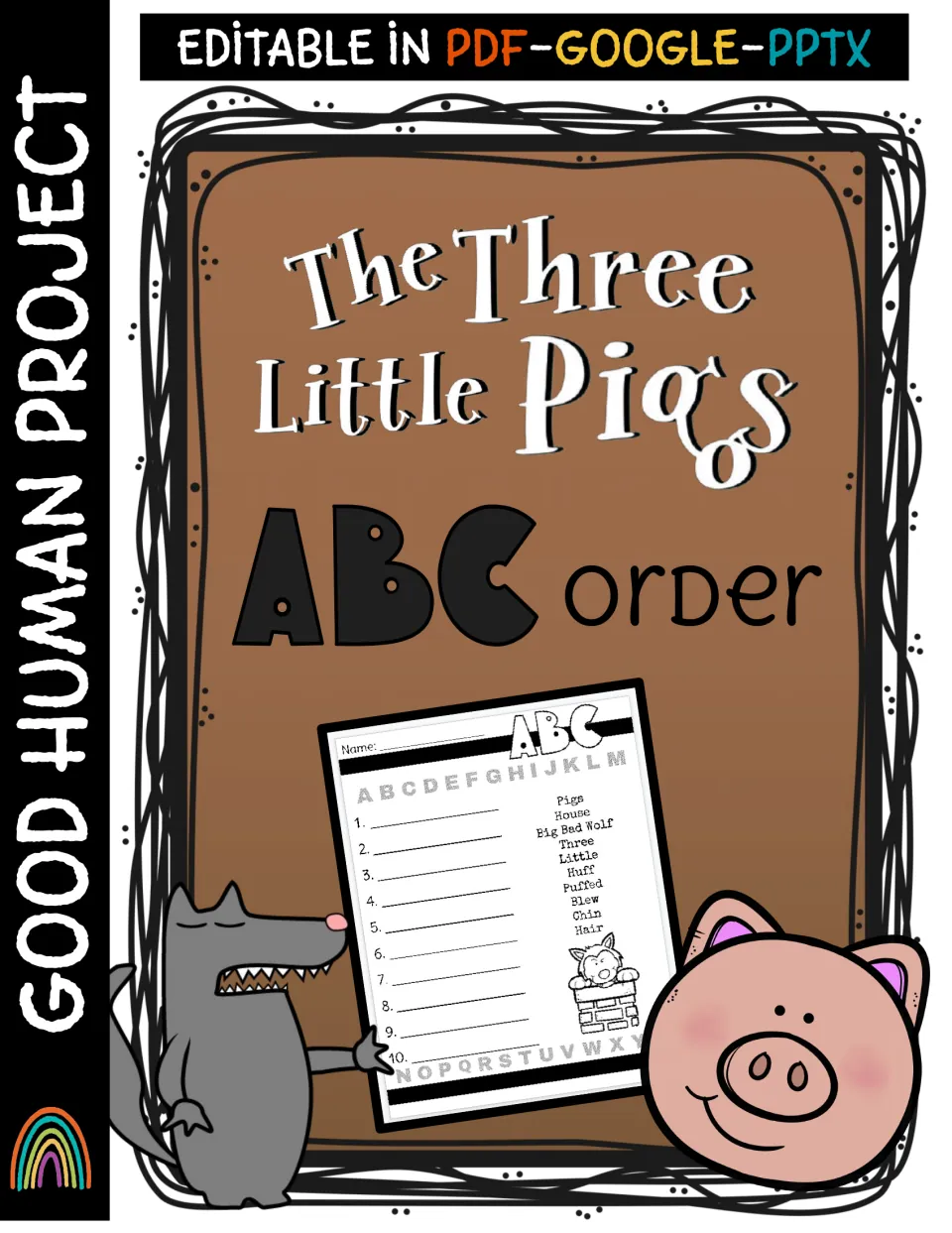 The Three Little Pigs ABC order cover, editable in PDF, Google and PPTX, showing a worksheet of story words to sort
