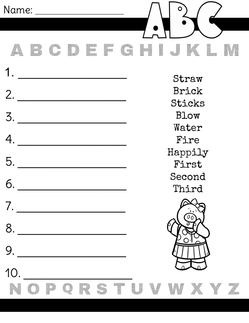 Alphabetizing story words: students order Straw, Brick, Sticks, Blow, Water, Fire, Happily, First, Second and Third