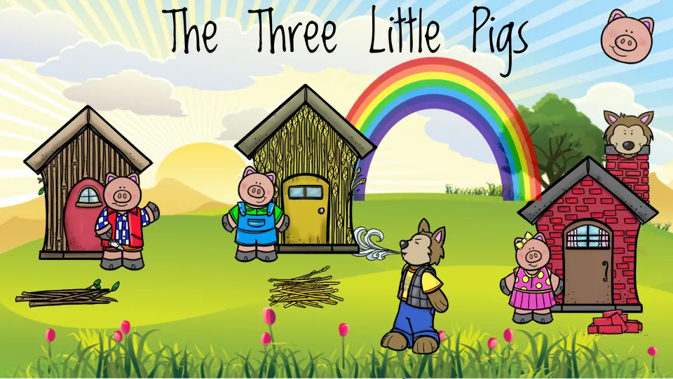 Story activity slide showing three pigs, wood, straw, and brick houses, and a wolf blowing toward a house.