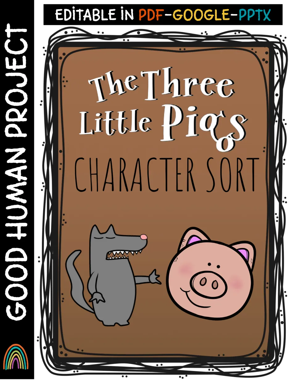 The Three Little Pigs Character Sort cover with a gray wolf and a smiling pig, noted as editable in PDF, Google and PPTX