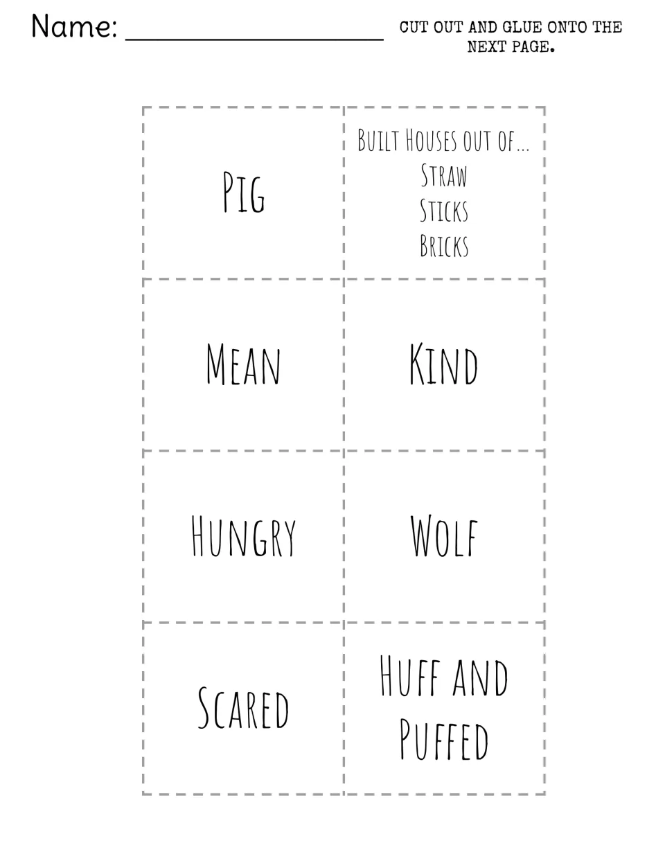 Pig or wolf trait cards: students cut out words like mean, kind, hungry, scared and huff and puffed to sort by character