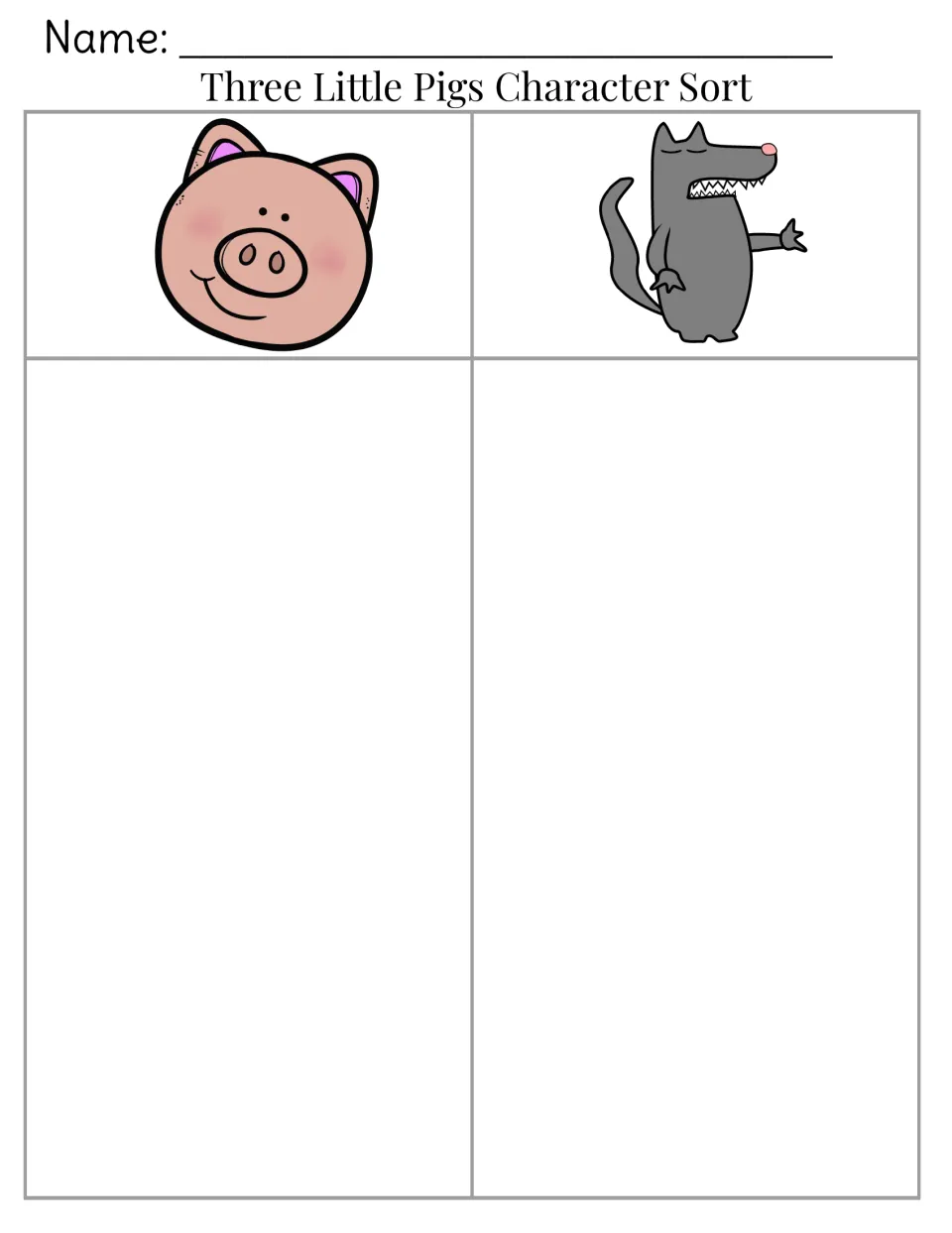 Pig and wolf sorting mat: students glue each cut-out trait card under the pig or wolf picture to describe the characters