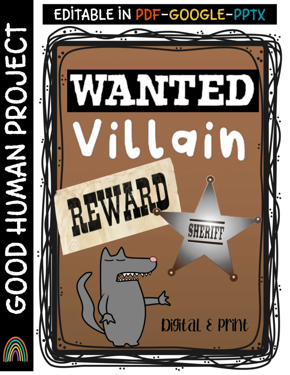 Wanted Villain cover with a cartoon wolf, sheriff star and reward sign; editable in PDF, Google and PPTX, digital & print