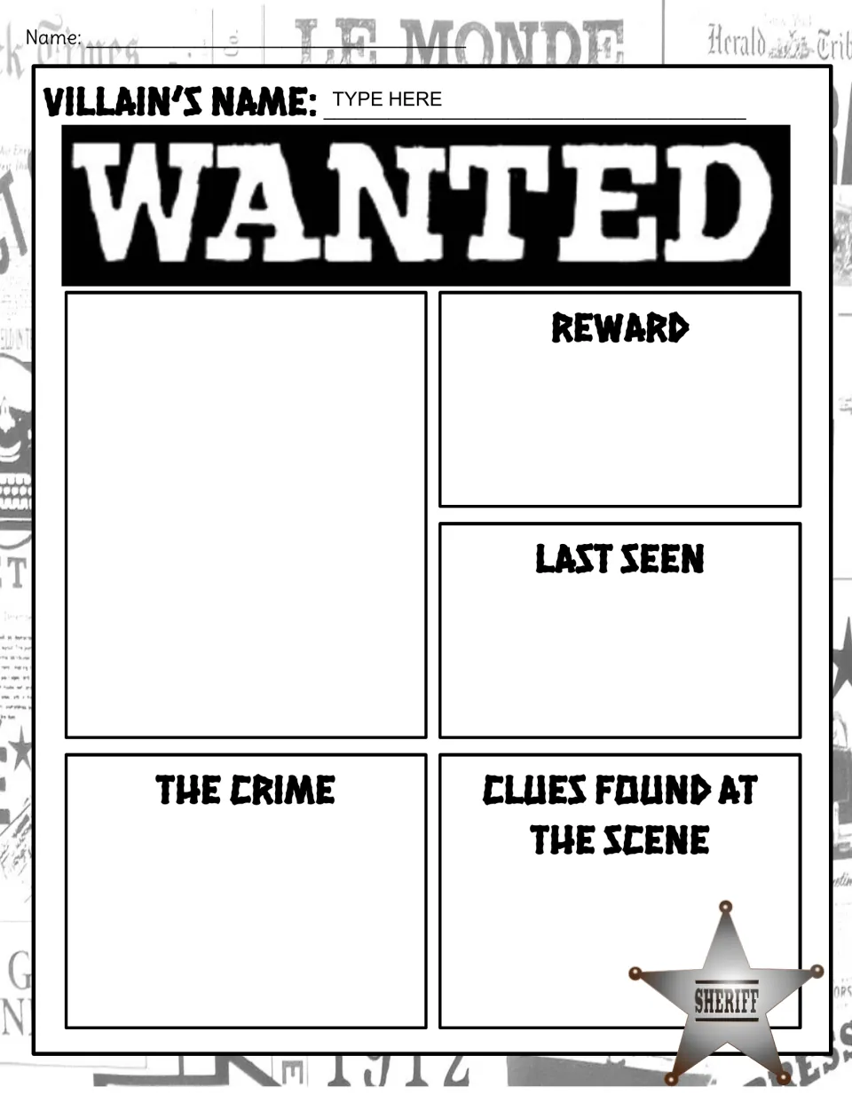 Printable wanted poster: students draw the villain and write reward, where last seen, crime and clues found at the scene