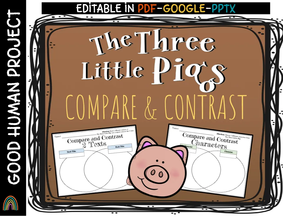 Three Little Pigs compare and contrast cover showing two Venn diagram organizers: 2 Texts and Characters