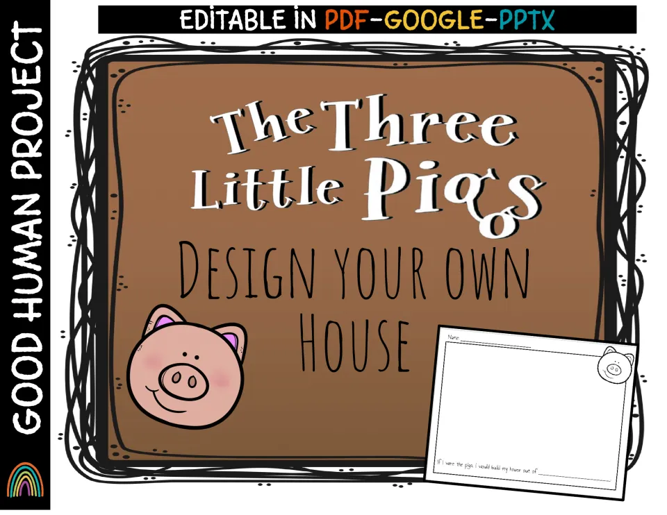 Three Little Pigs: Design Your Own House cover, showing a pig face and the drawing page; editable in PDF, Google and PPTX