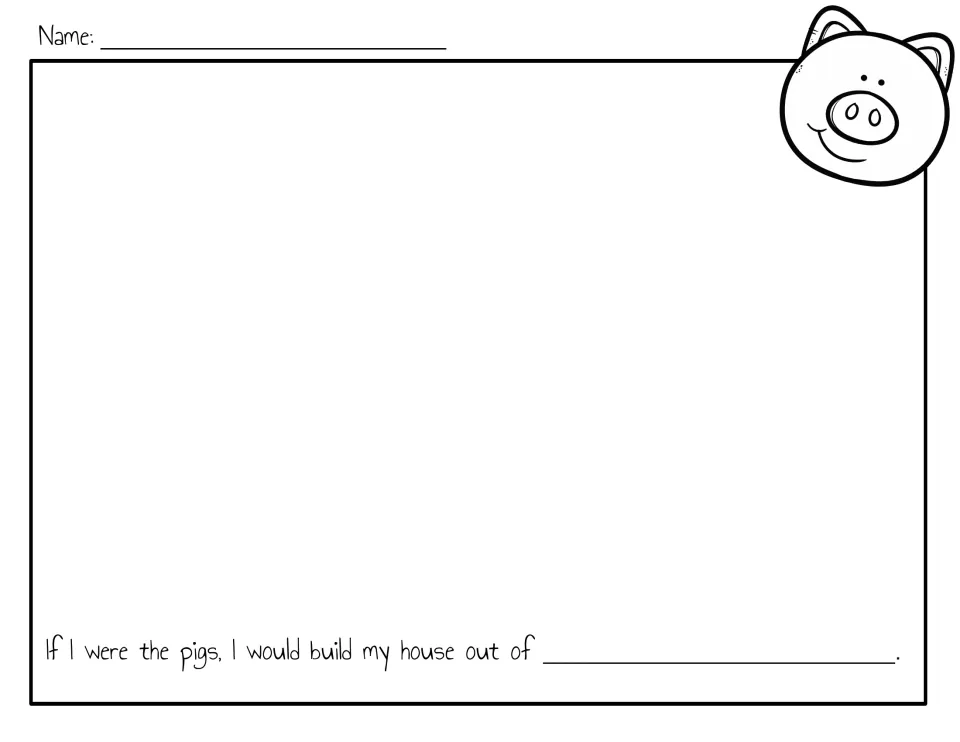 Three little pigs drawing prompt: students draw a house and finish the sentence naming what they would build it out of