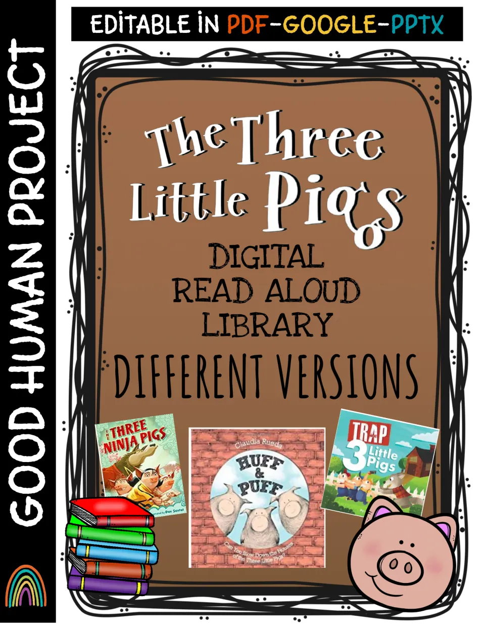 Three Little Pigs digital read aloud library cover showing different versions, with Huff & Puff and Three Ninja Pigs