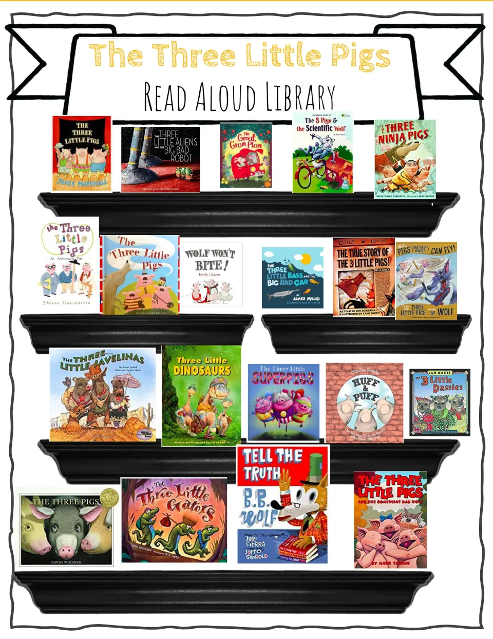 Virtual bookshelf of retold versions such as The True Story of the 3 Little Pigs and The Three Little Javelinas