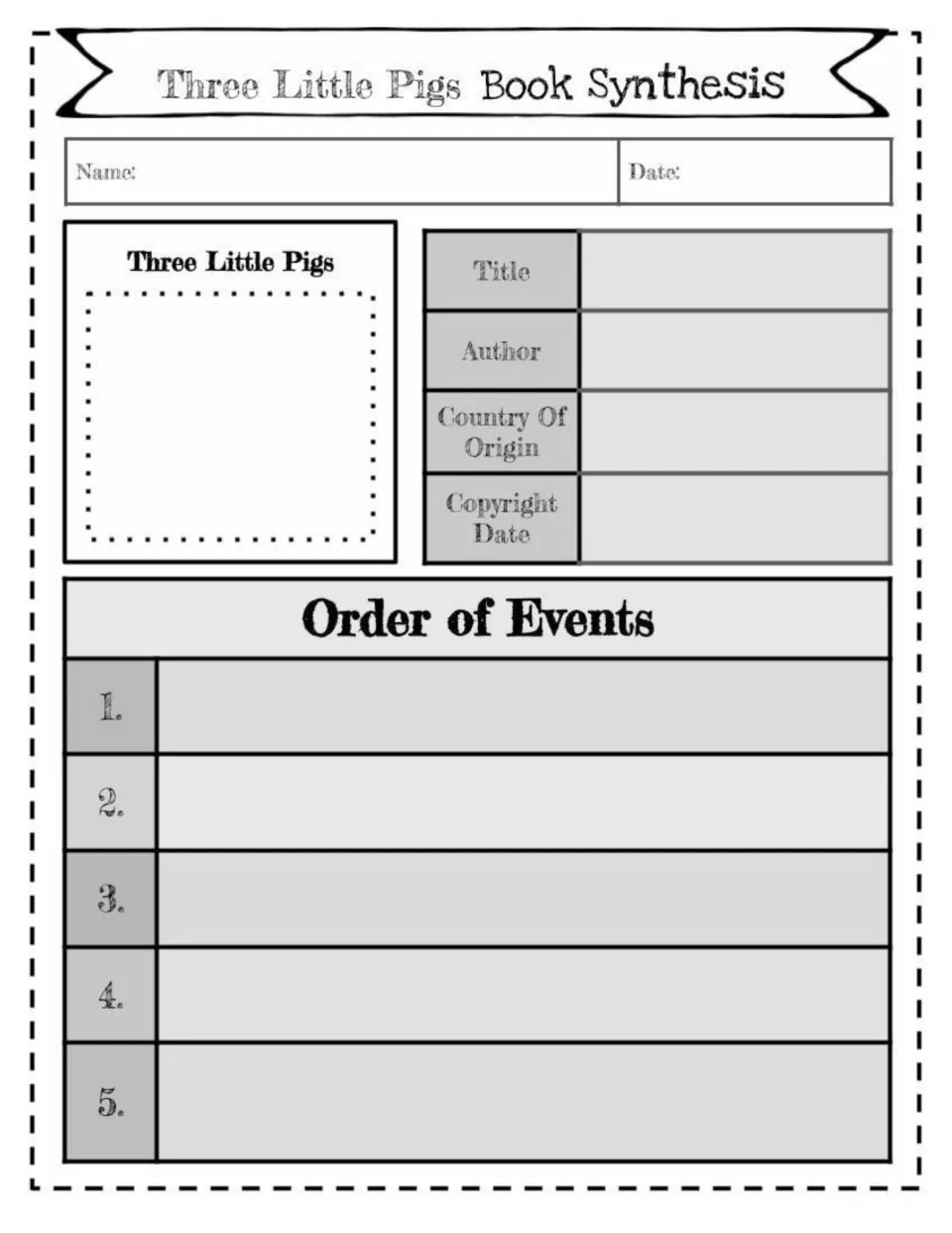 Grayscale book synthesis sheet: students record title, author, country and copyright date and sequence 5 story events