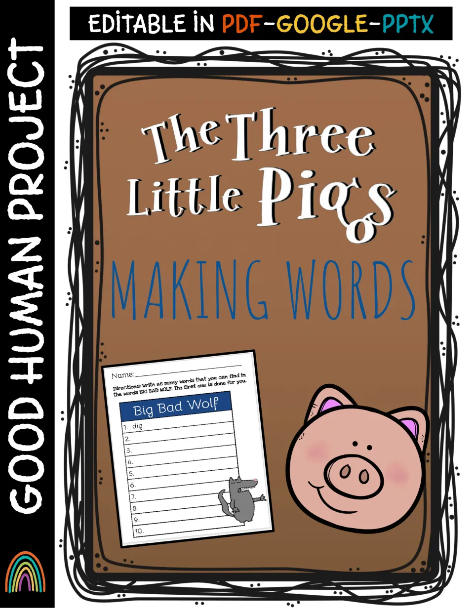 Cover for The Three Little Pigs Making Words, showing a Big Bad Wolf word list sample and a smiling pig face