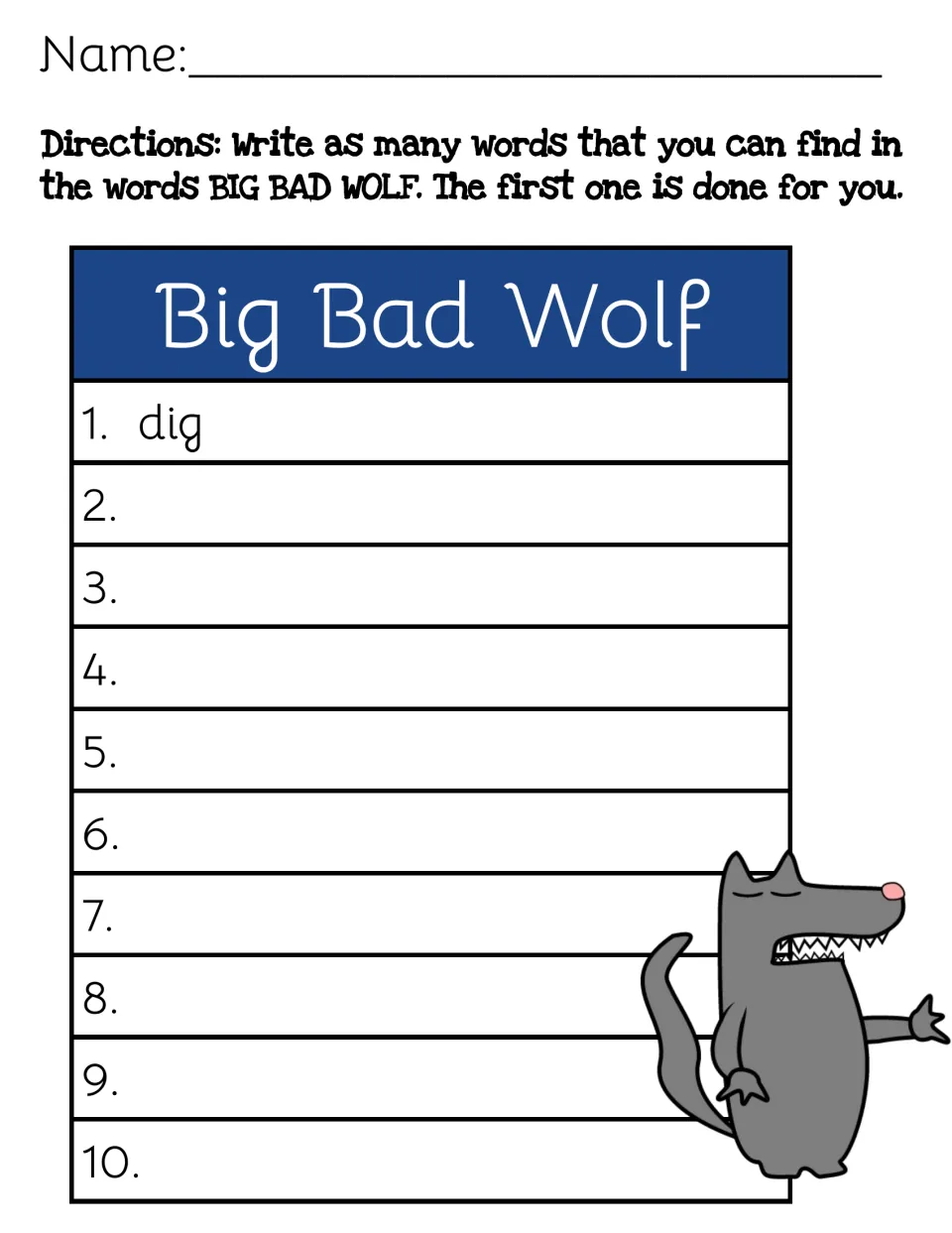 Word building with BIG BAD WOLF: students write up to 10 words made from its letters, with dig as the worked example