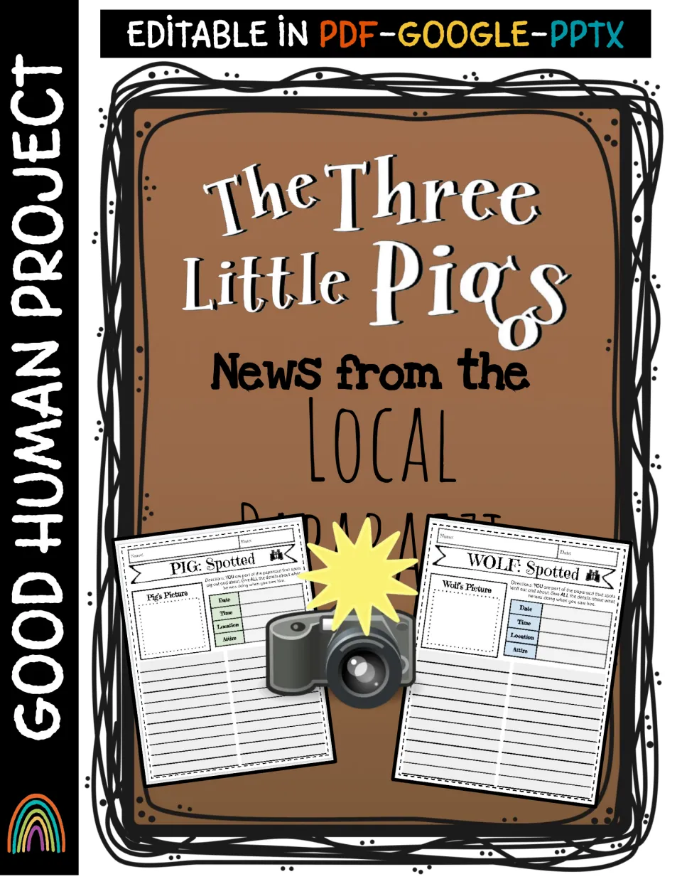 The Three Little Pigs News from the Local Paparazzi cover showing Pig Spotted and Wolf Spotted writing pages and a camera