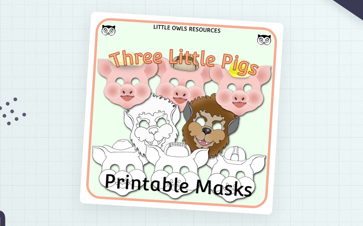 Pink Three Little Pigs Printable Masks cover showing three pig masks and one wolf mask.