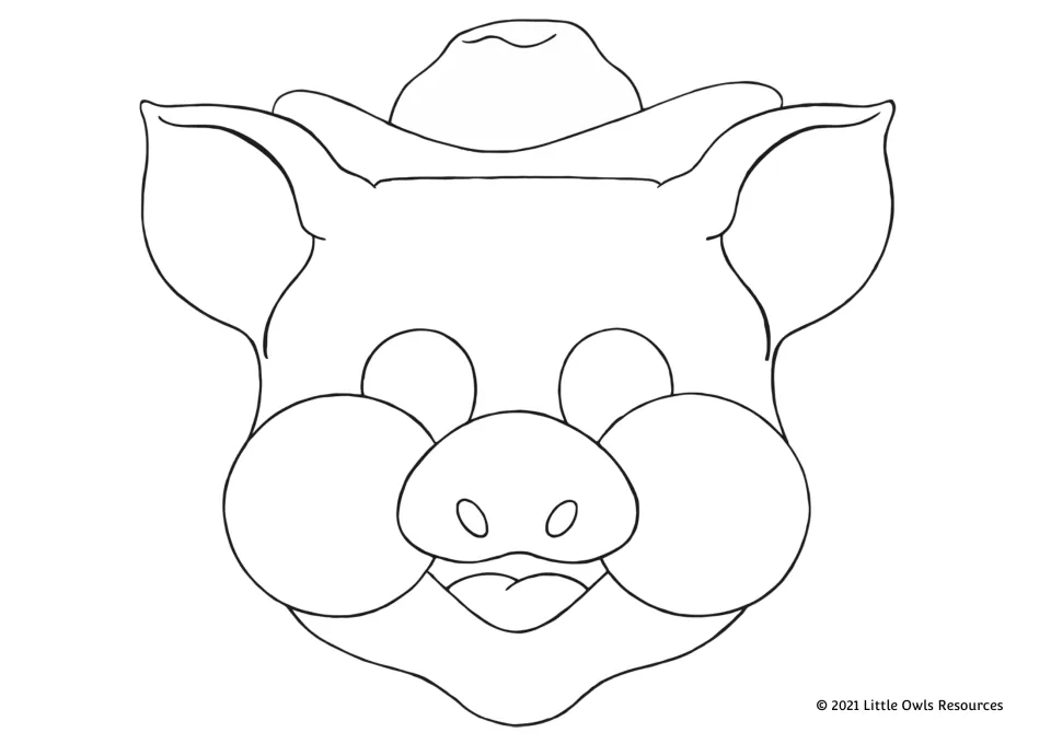 Pig mask in black outline wearing a straw hat, with eye holes and snout, for students to color, cut out and wear