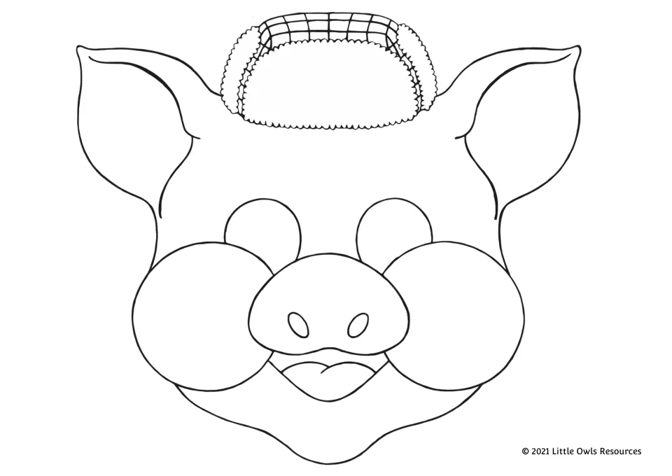 Pig mask to color featuring a fur-trimmed winter hat with a checked band; students color, cut out the eyes and wear it