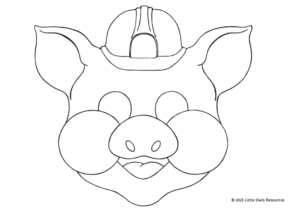 Coloring pig mask wearing a builder's hard hat, ready for students to decorate and use when retelling the story