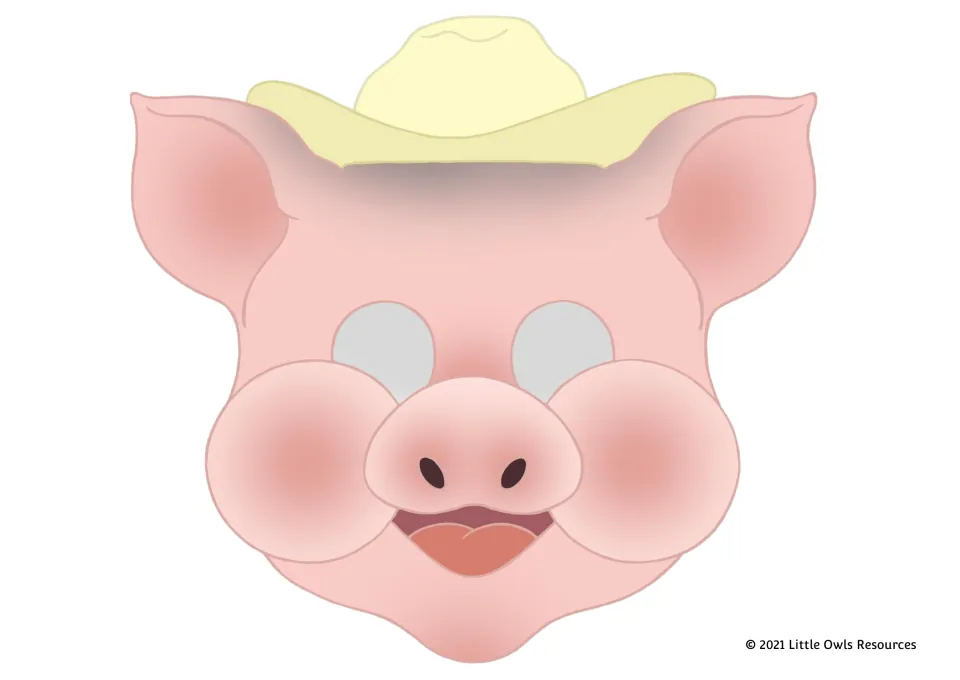 Full-color pink pig mask in a yellow straw hat with gray eye holes to cut out, ready to print and wear for role-play