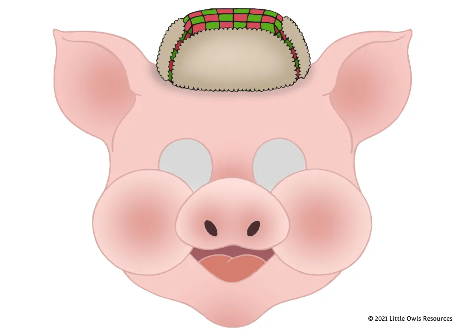 Full-color pig mask topped with a red and green checked winter hat with fur trim; students cut out and wear it