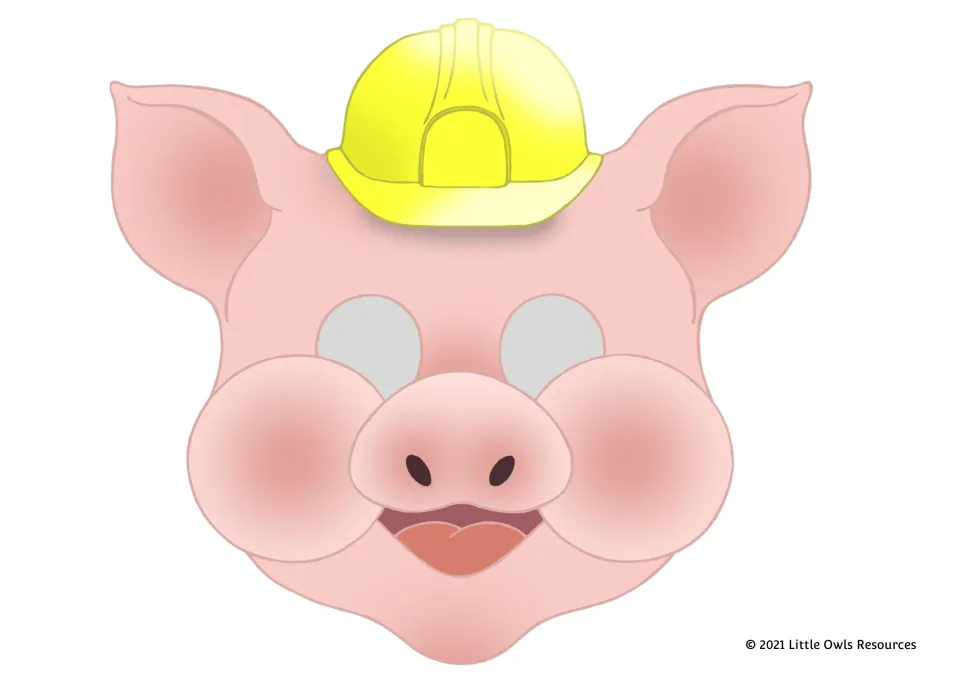 Pink pig mask in full color with a bright yellow hard hat; students trim and wear it to dramatize the story