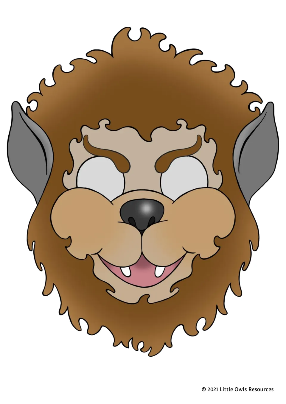 Big bad wolf mask in full color with brown shaggy fur, gray ears and a toothy grin, for the student playing the villain