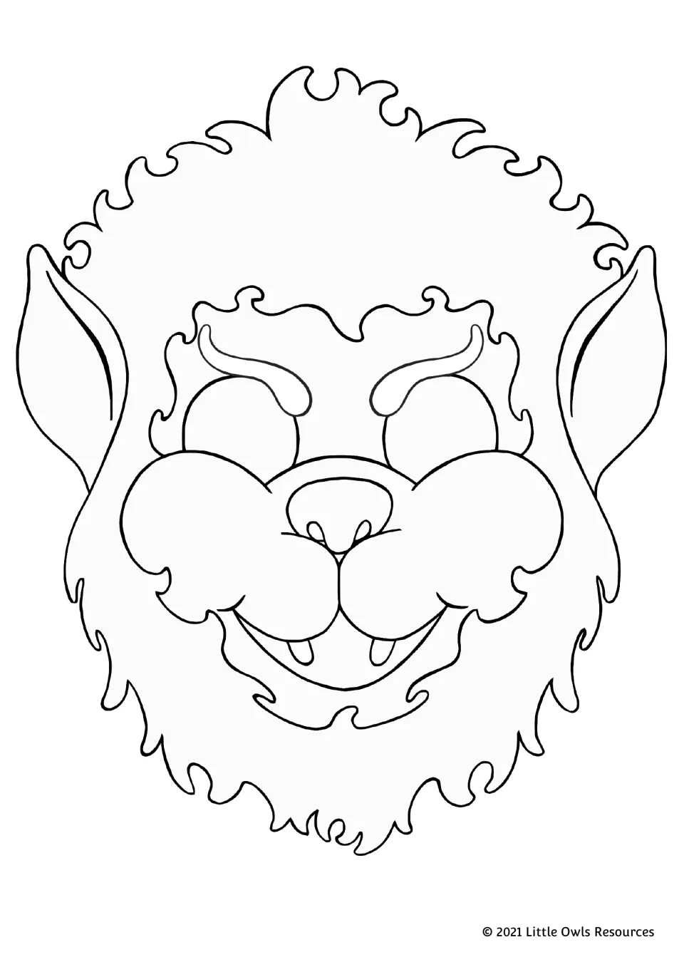 Blank wolf mask with curly fur, pointed ears and a sharp-toothed smile that children color before cutting it out