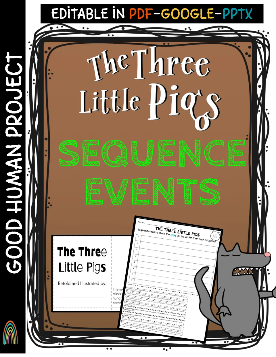 Cover of a Three Little Pigs sequencing set: a retold mini-book page and an 8-event ordering worksheet, editable