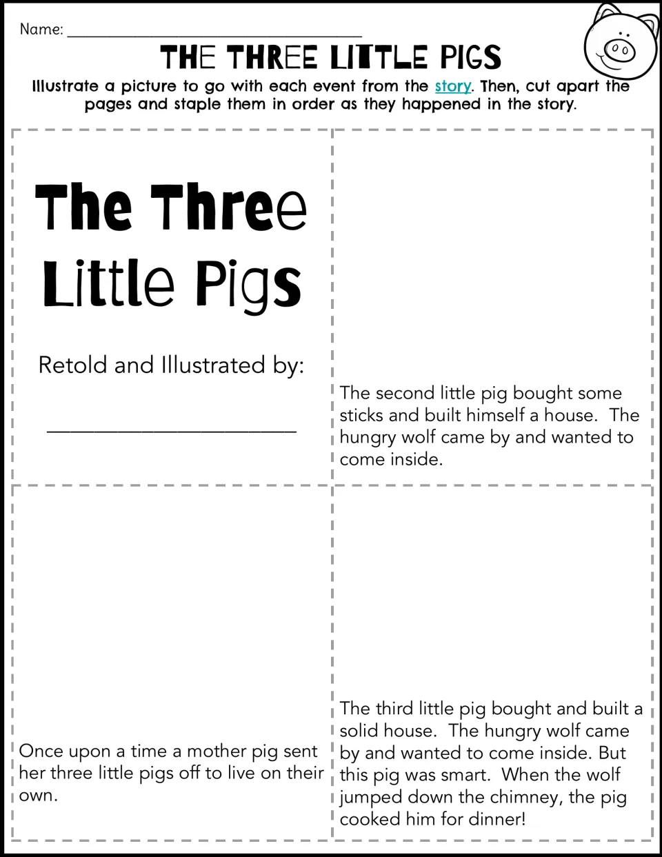Retold mini-book: students draw pictures for the opening, stick house and chimney ending, then staple pages in order