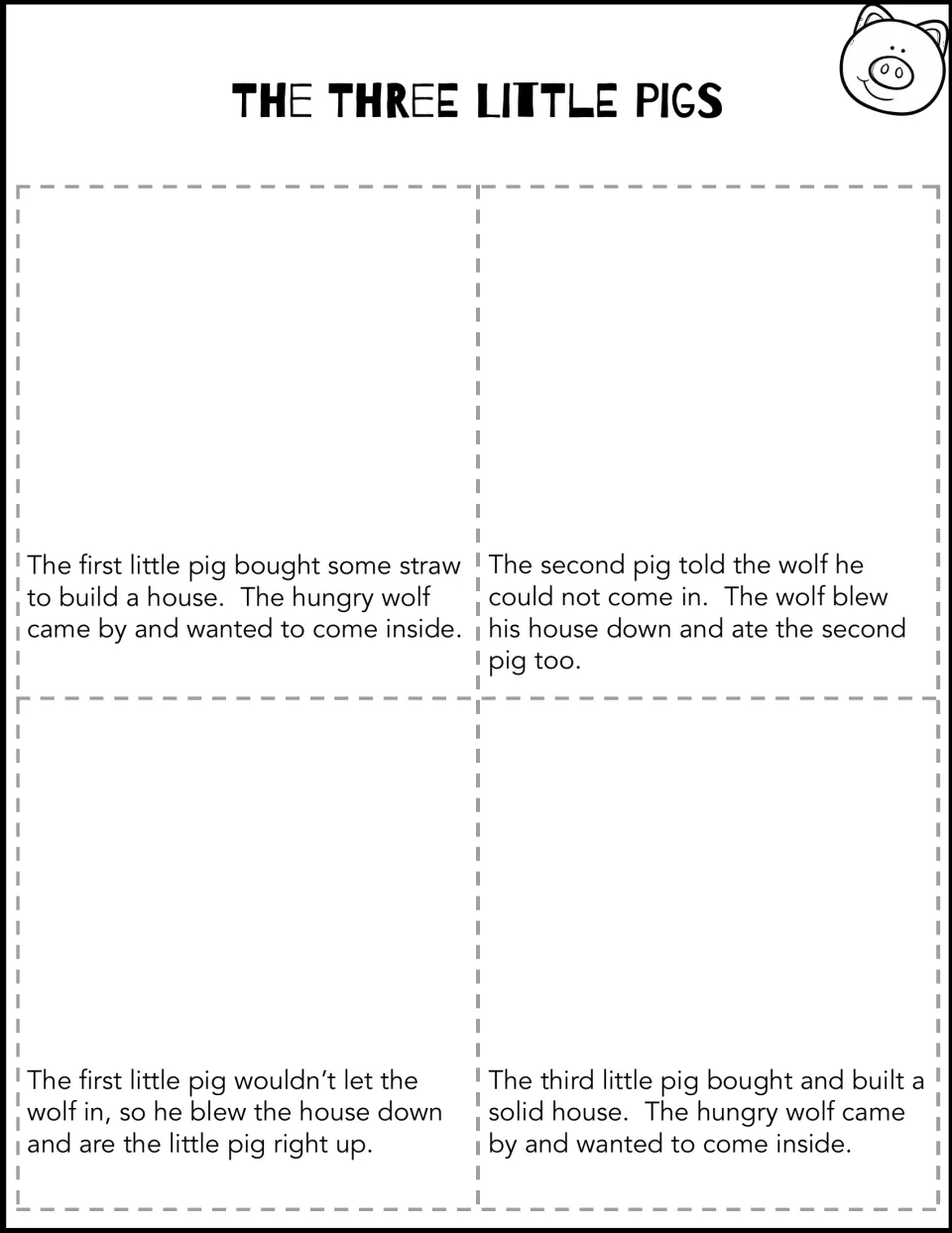 Mini-book pages on the straw house, the wolf eating two pigs and the solid house; students illustrate each event